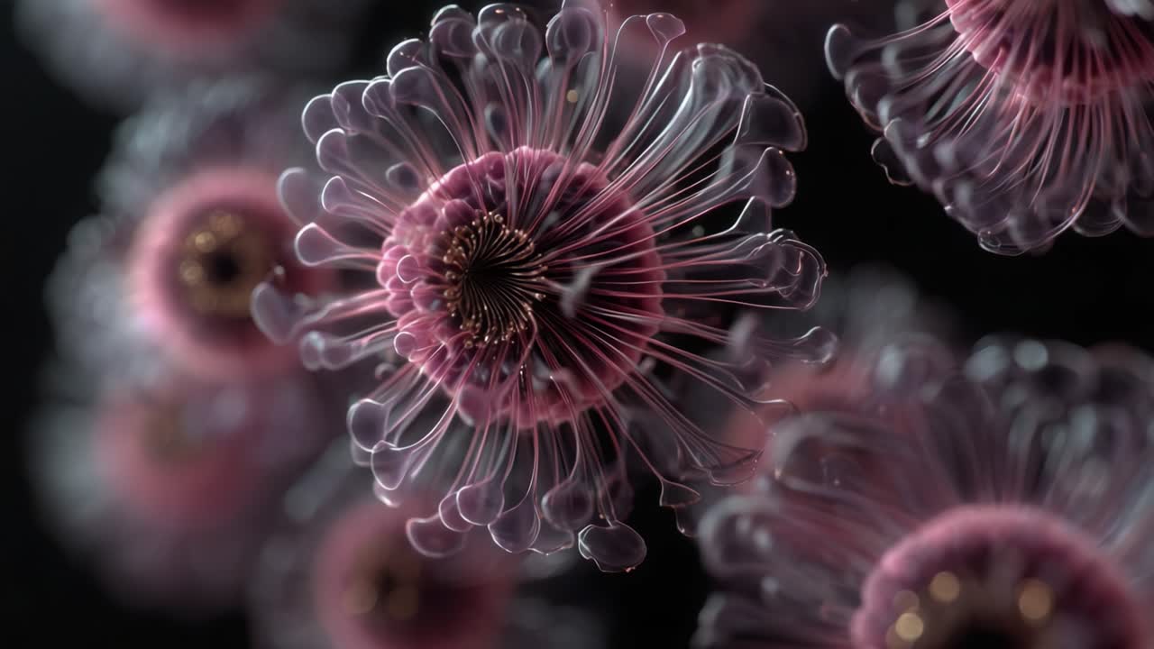 Beleza Microbiana Cativante: Uma Jornada Visual Deslumbrante pelas Estruturas Intrincadas de Microrganismos, Exibindo Características Coloridas e Transparentes.