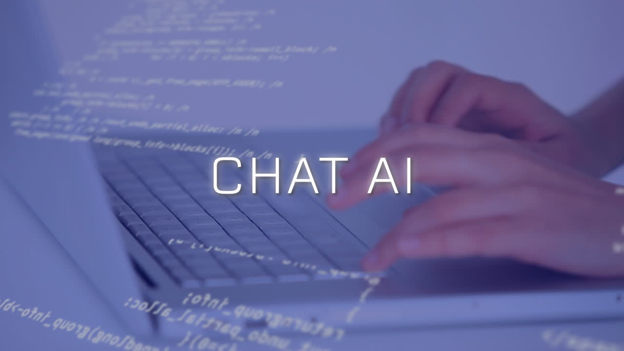 Animation of artificial intelligence text and data processing over caucasian man using computer