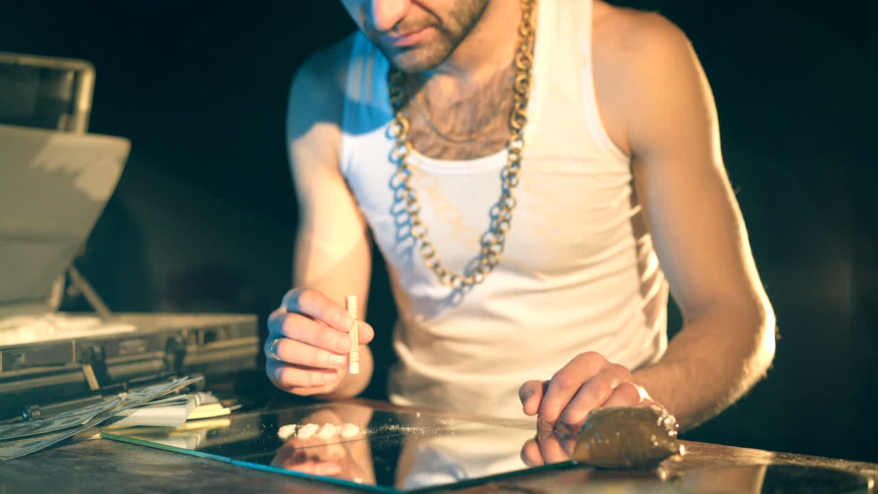 Drug business. Man holding a folded bill for sniffing and snorting the line.