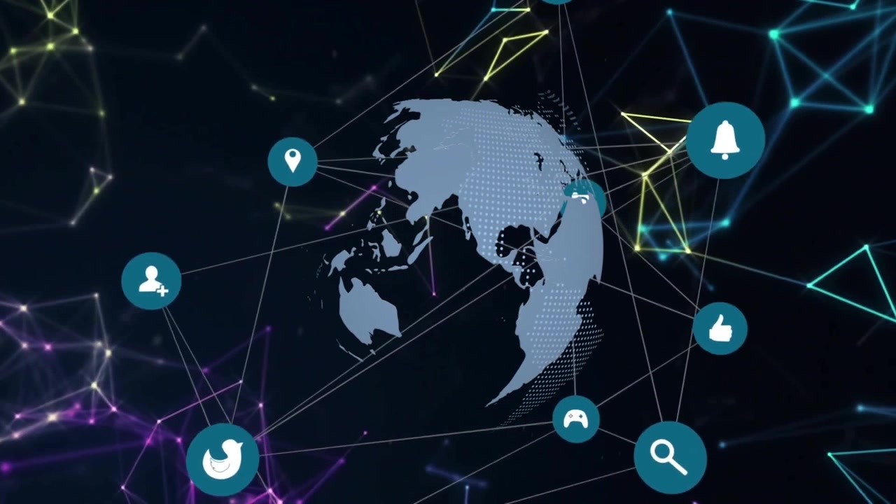 Globo estilizado y plano flotando en una malla de neón, conectando iconos sociales de color verde azulado con líneas de red blancas