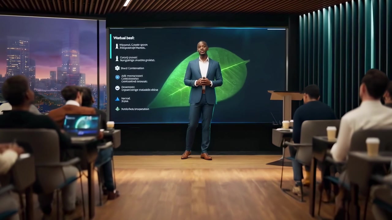 Male Speaker Presents Sustainability Metrics to an Audience in a Modern Conference Room