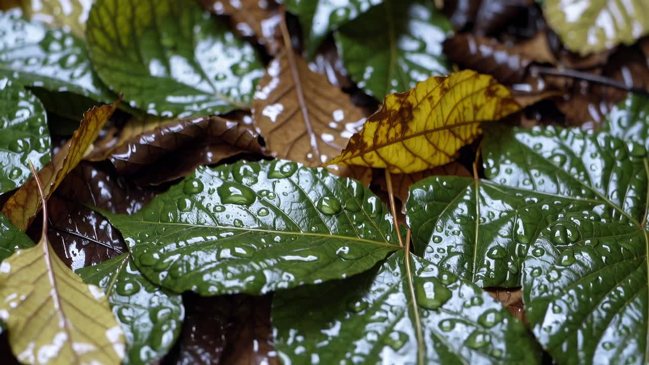 Close-up shot of wet autumn leaves with raindrops, capturing a serene, natural atmosphere