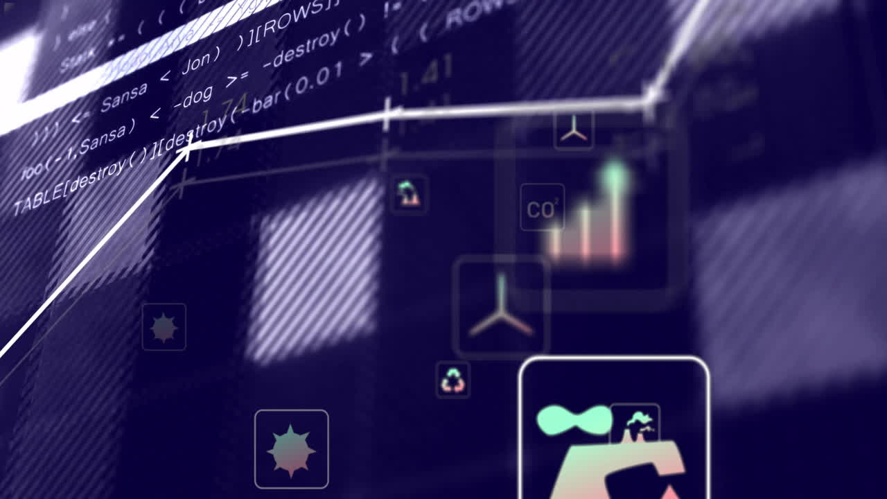 Animation of ecology icons over data processing and diagrams
