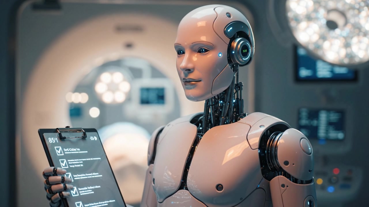 Robot umanoide futuristico che tiene in mano una cartella in un ambiente medico ad alta tecnologia, mostrando tecnologia avanzata e il potenziale per l'innovazione e l'automazione nel settore sanitario.