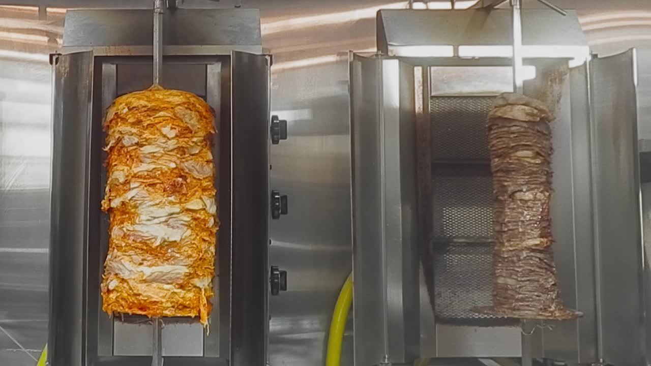4k loop2-4 pollo shawarma asador de barbacoa vertical junto a filetes en rodajas finas pilas de solomillo triple 'a' shawarma de ternera girando en un asador de 360 grados en una parrilla vertical flameada de acero inoxidable