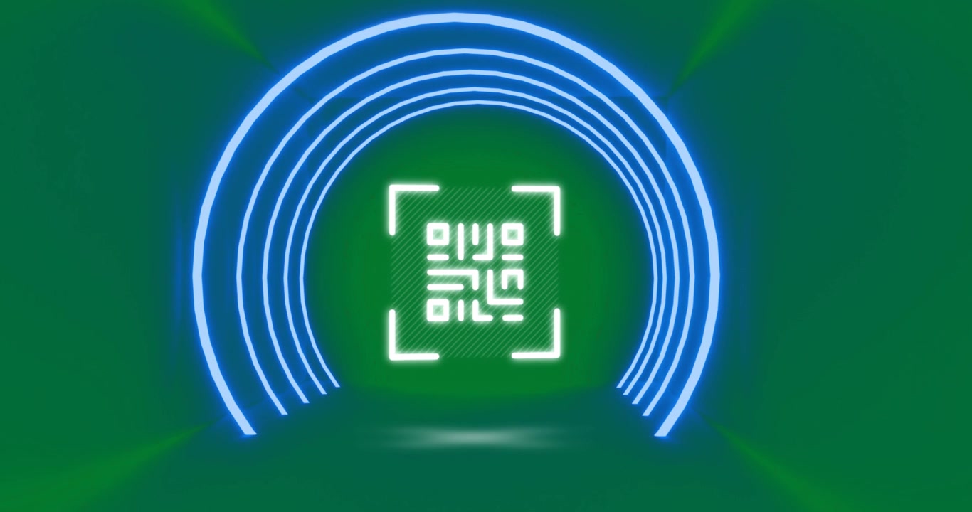 Flickering white QR code with blue neon circles on blue background