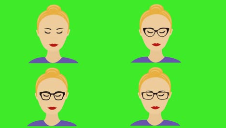 las mujeres de dibujos animados se enfrentan a la animación del avatar, los ojos en movimiento y parpadeando, en la pantalla verde tecla de croma