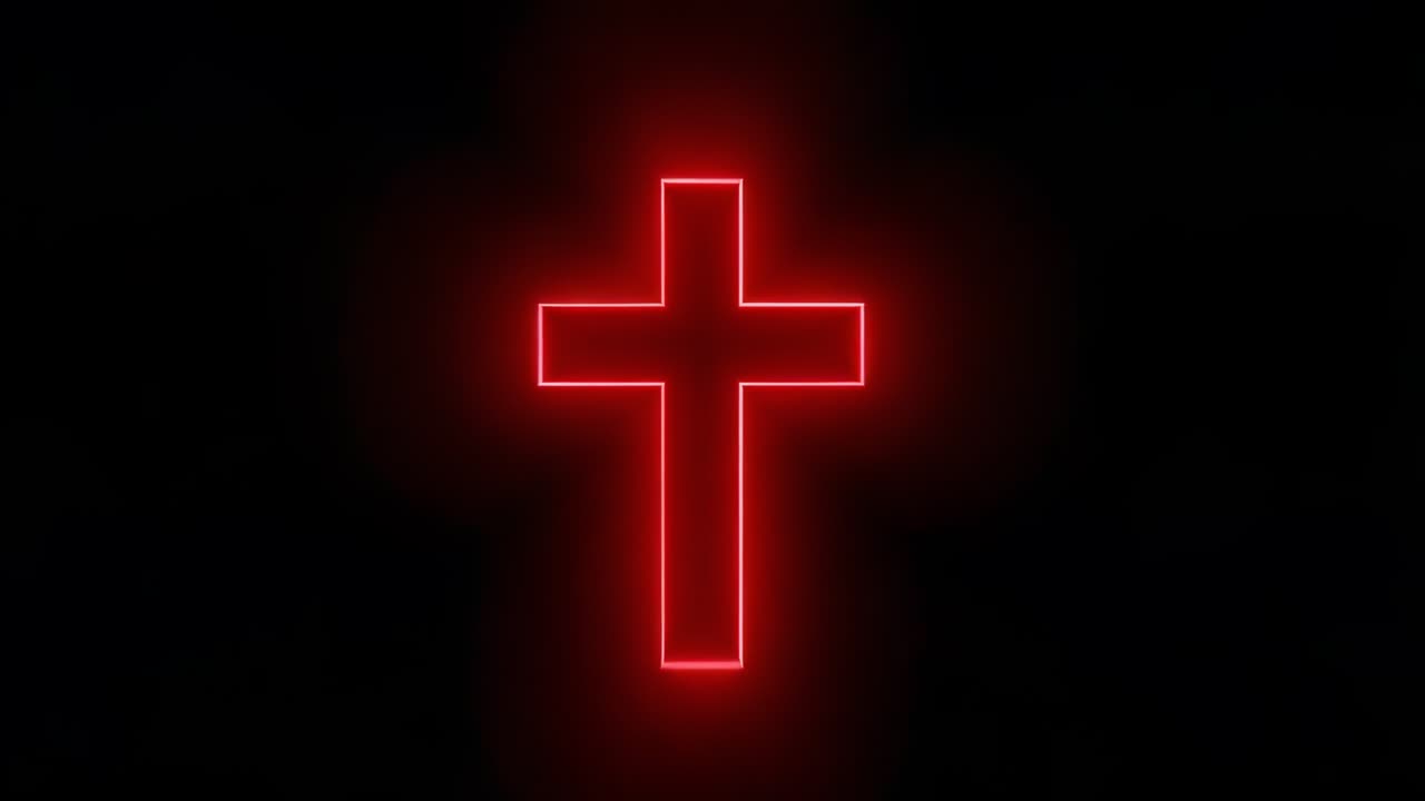 Fading into view neon red glowing cross pulsing in dark space, signaling rhythmic heartbeat