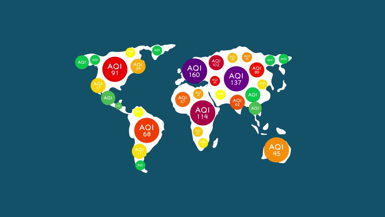 aqi 기호는 세계 지도에서 0에서 300+로 어 나옵니다. 오염 먼지 pm 2.5 문제, 파란색 배경에 개념 디자인, 매트 알파 채널과 함께 4k 원활한 루핑 애니메이션.