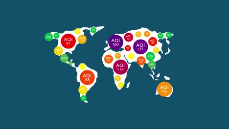 aqi symbol pop up with run number 0 to 300+ on world map, pollution dust pm 2.5 problem concept design on blue background seamless looping animation 4k with matte alpha channel