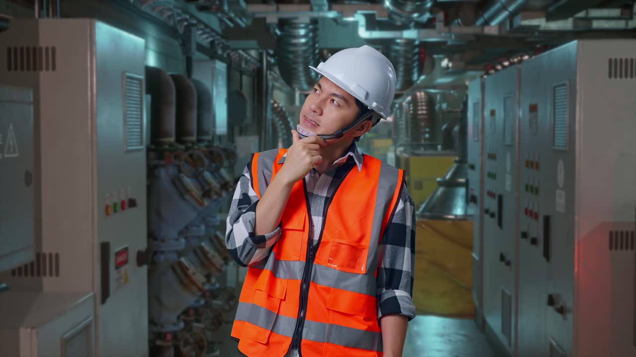 Asian Male Engineer With Safety Helmet Thinking And Looking Around Then Raising His Index Finger While Standing In Engine Control Room, Work Of Electrical Generators