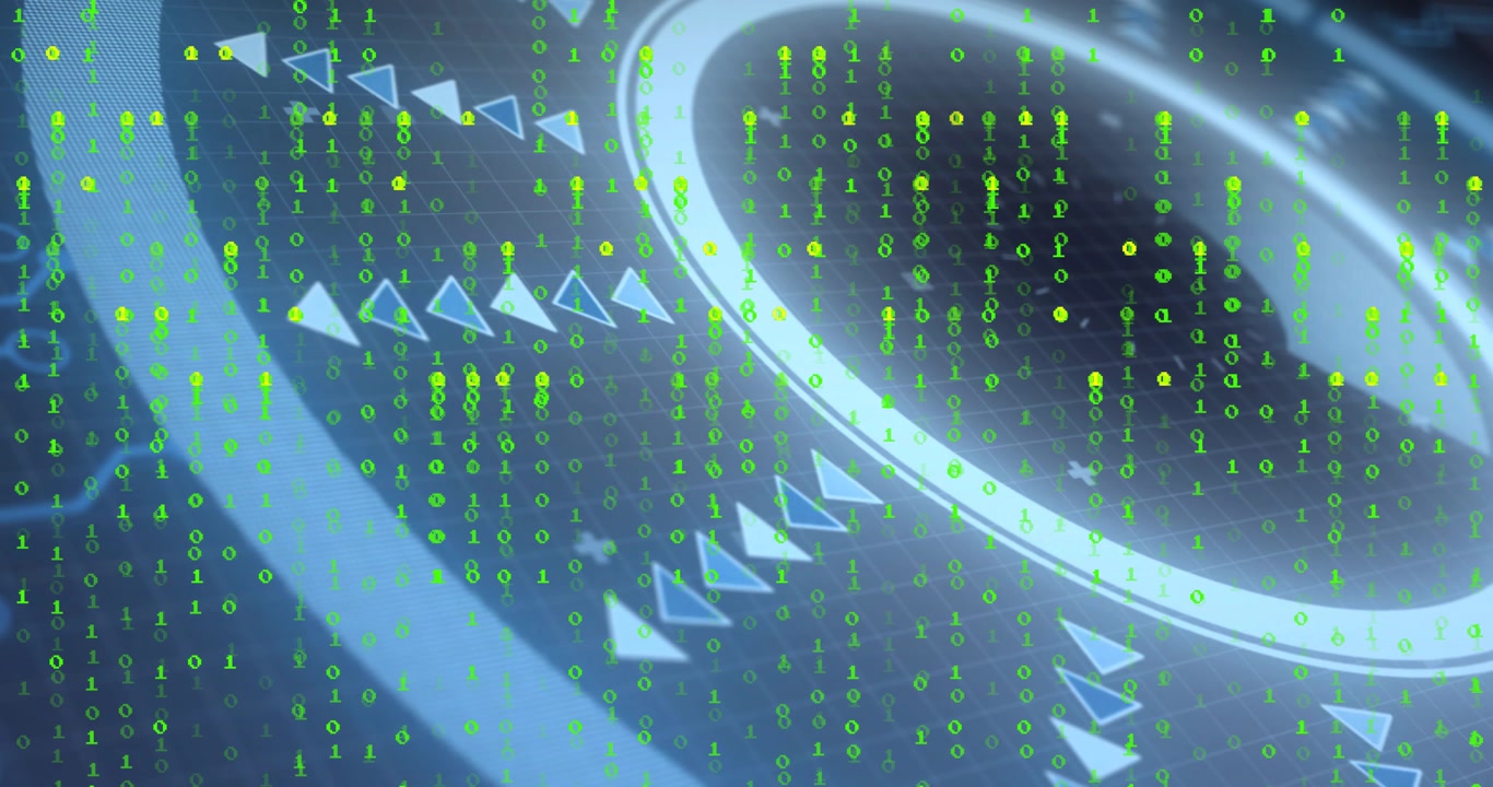 Data ring rotating while neon binary digits falling and triangles shifting to show system data