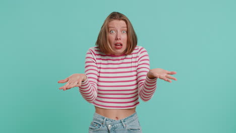 woman raising hands in indignant expression ask why what reason of failure demonstrating disbelief
