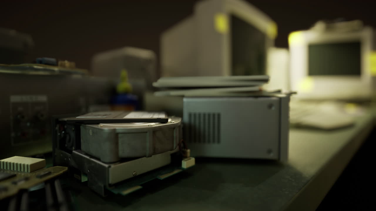 희미하게 조명 된 저녁 에 망진창 한 책상 에 있는 빈티지 컴퓨터 장비