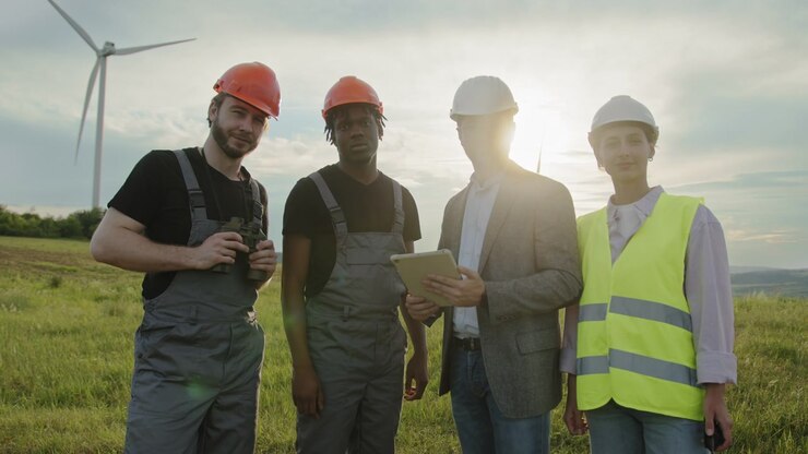 Engineers in hard hats and safety vests collaborate outdoors near wind turbines reviewing data on