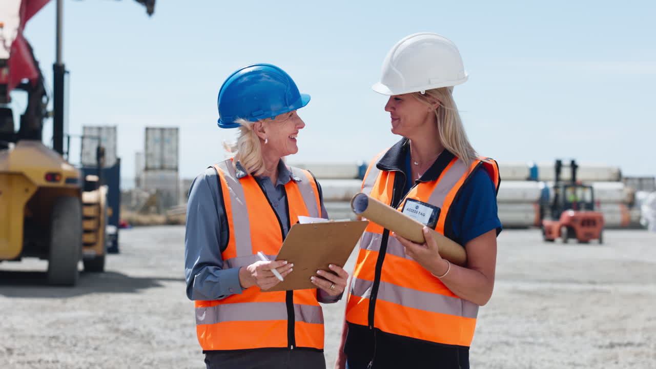 Two Female Engineers Discussing Plans at an Industrial Construction Site