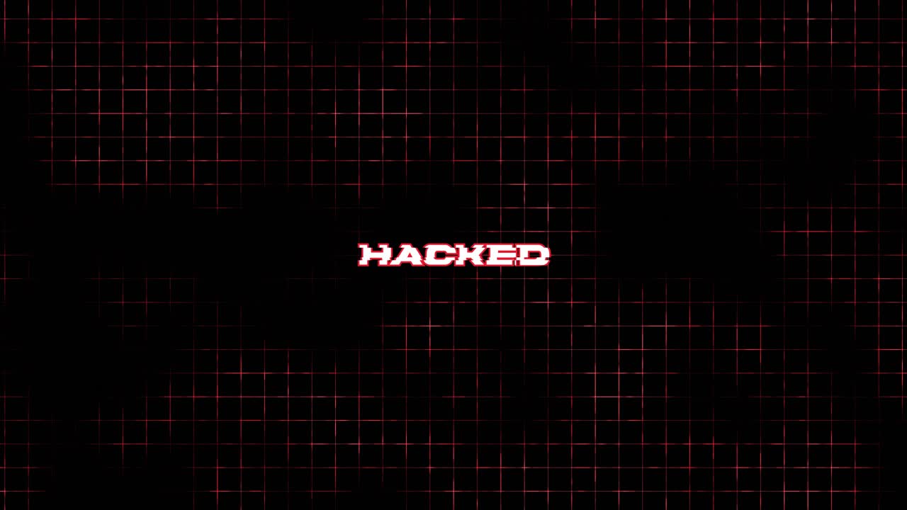 Hacket tekst med glitch-effekt på digital gitterbaggrund
