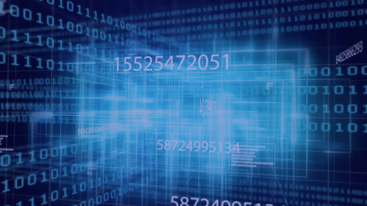 Floating binary code and numbers in digital grid animation