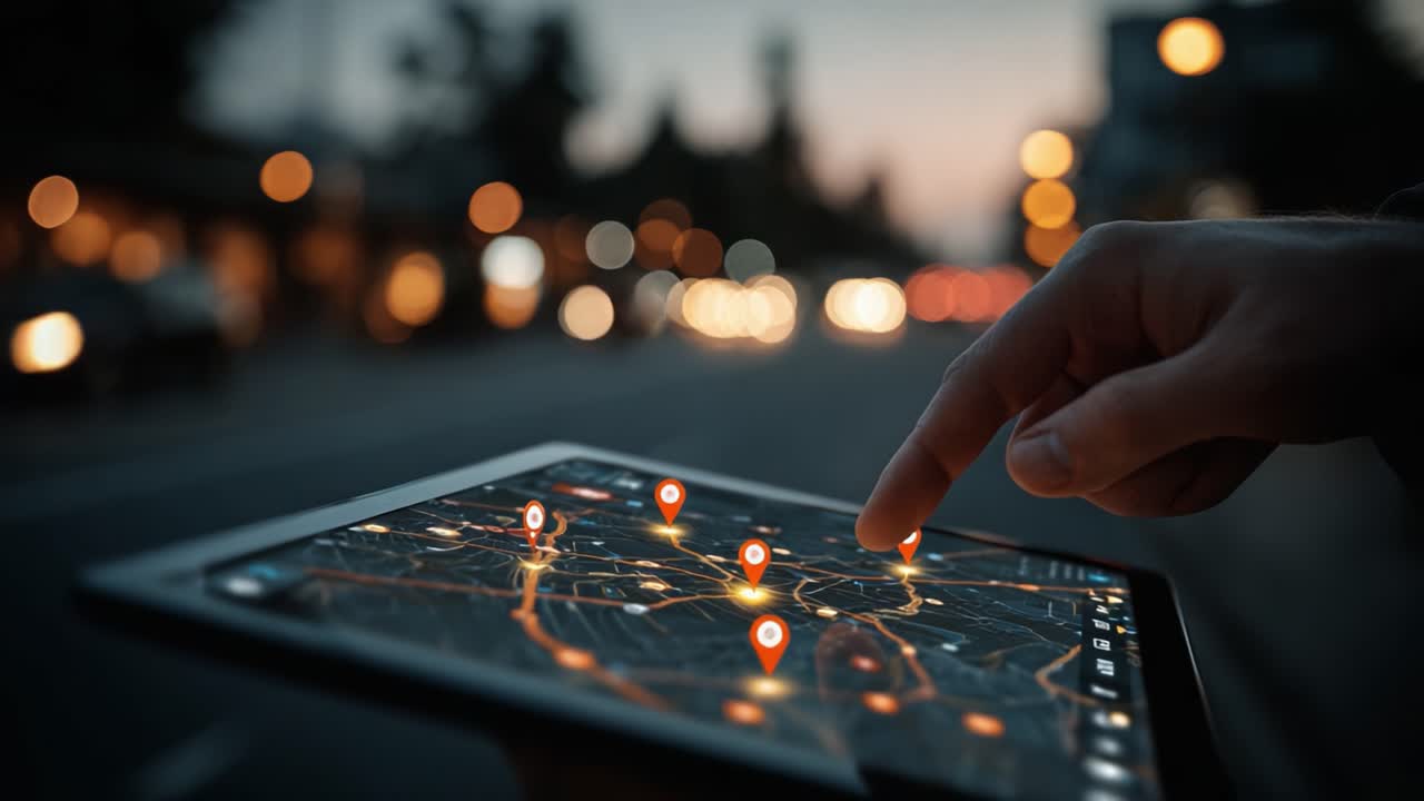 Exploring Urban Landscapes: A Close-Up View of a Hand Interacting with a Digital Map Highlighting Multiple Locations at Dusk with Vibrant City Lights in the Background