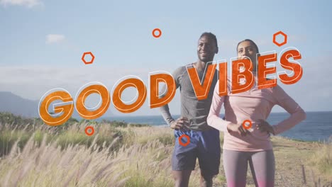 Animation-of-the-words-good-vibes-and-circles-in-red,-over-couple-exercising-in-countryside-talking