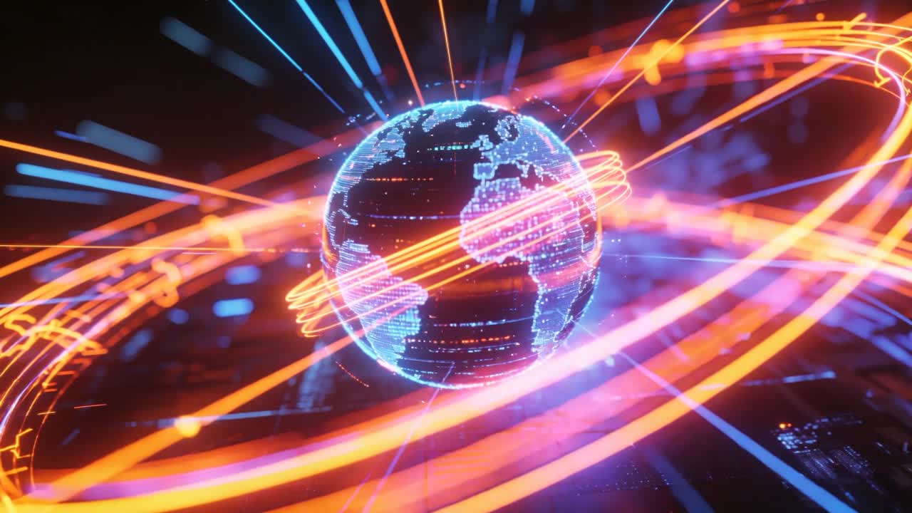 Anelli di neon orbitanti che circondano un globo digitale sopra una piattaforma scura con circuito stampato, mostrando il trasferimento di dati.