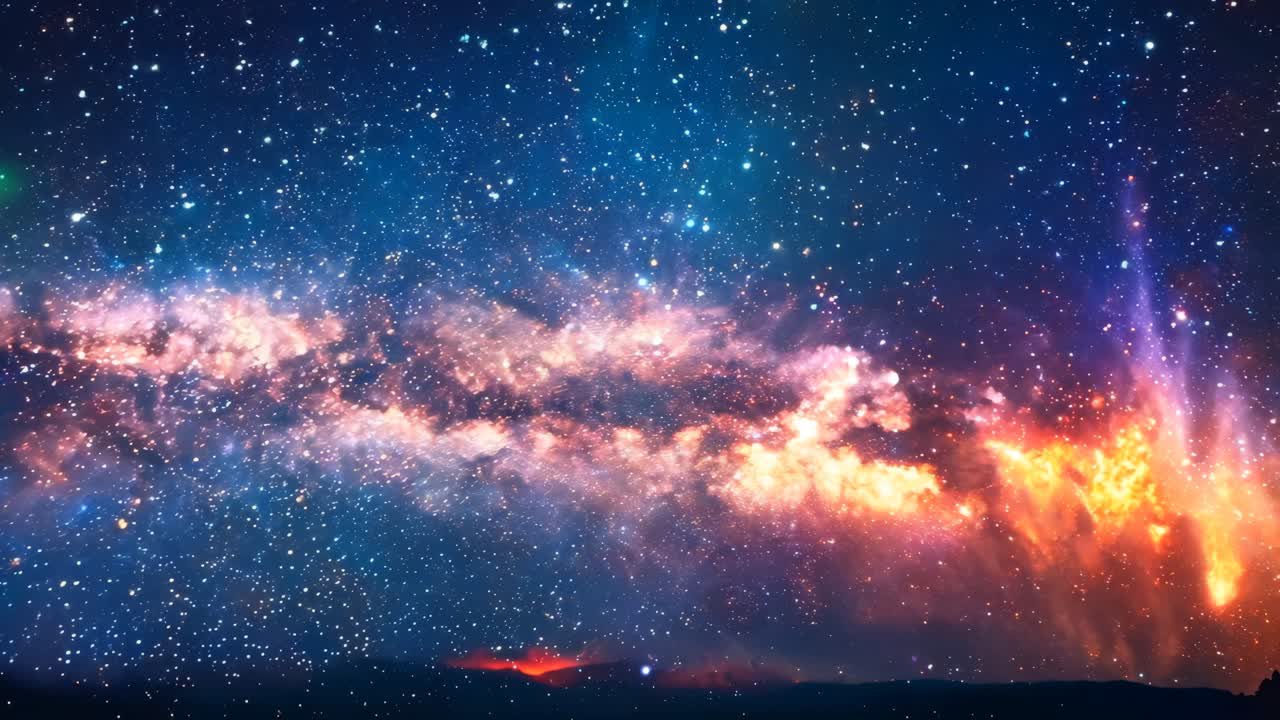 A long, orange and blue galaxy with many stars. The galaxy is very large and has a lot of stars