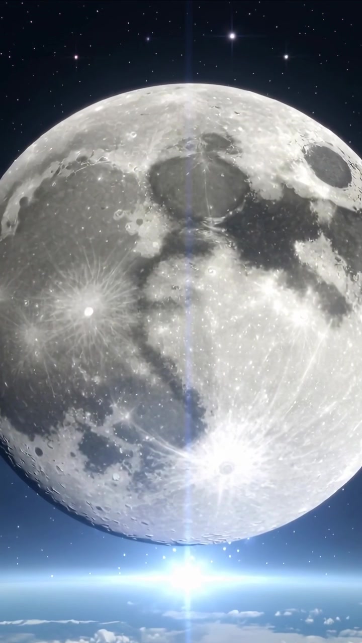 Video verticale: Telecamera che zooma mostrando la Luna che brilla nello spazio, con una scia di luce che sale sopra il bordo della Terra.