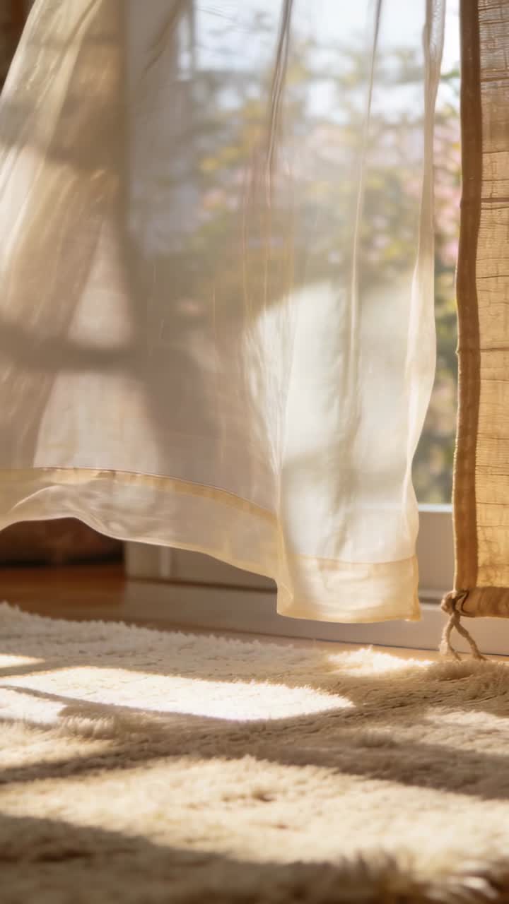 Video verticale: Gonfiandosi per una leggera folata, una tenda bianca velata che ondeggia su un tappeto illuminato dal sole, vicino a una persiana intrecciata.