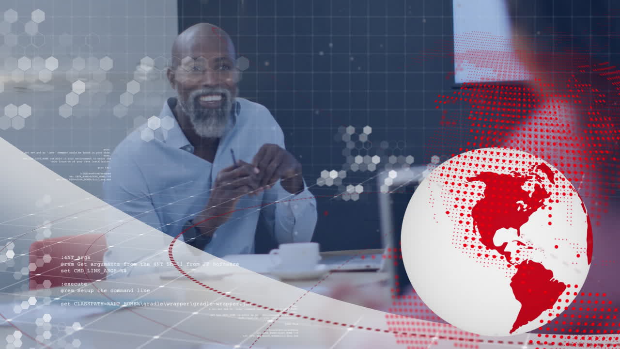 Smiling man in office with digital globe and data overlay animation