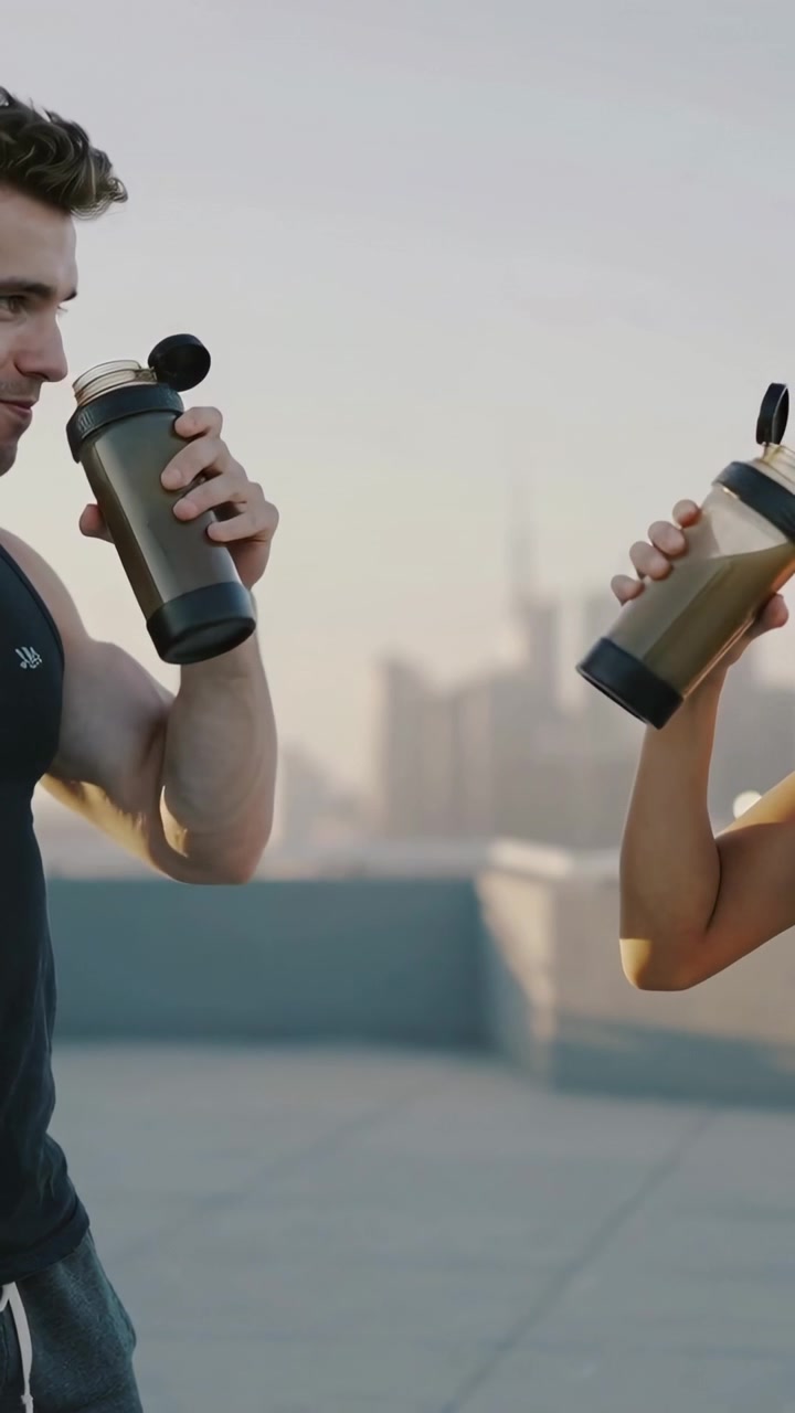 Video verticale: Coppia in forma in abbigliamento da palestra che sorseggia e apre shaker sul tetto, idratandosi dopo l'allenamento.