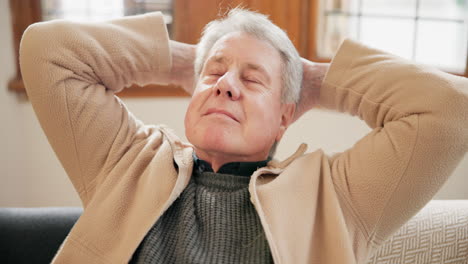 relax, calm and senior man on sofa in the living