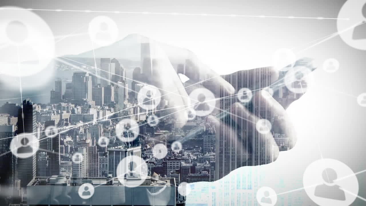 In school, animation of handshake with network connections over cityscape background