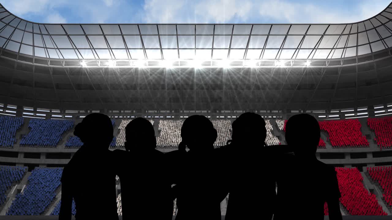 animación de siluetas de un equipo de mujeres deportistas con bandera francesa sobre un estadio deportivo