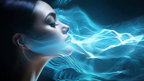 woman silhouetted against blue light waves in a dark background