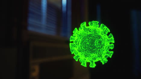 intriguing green virus representation floating in dark room atmosphere at night