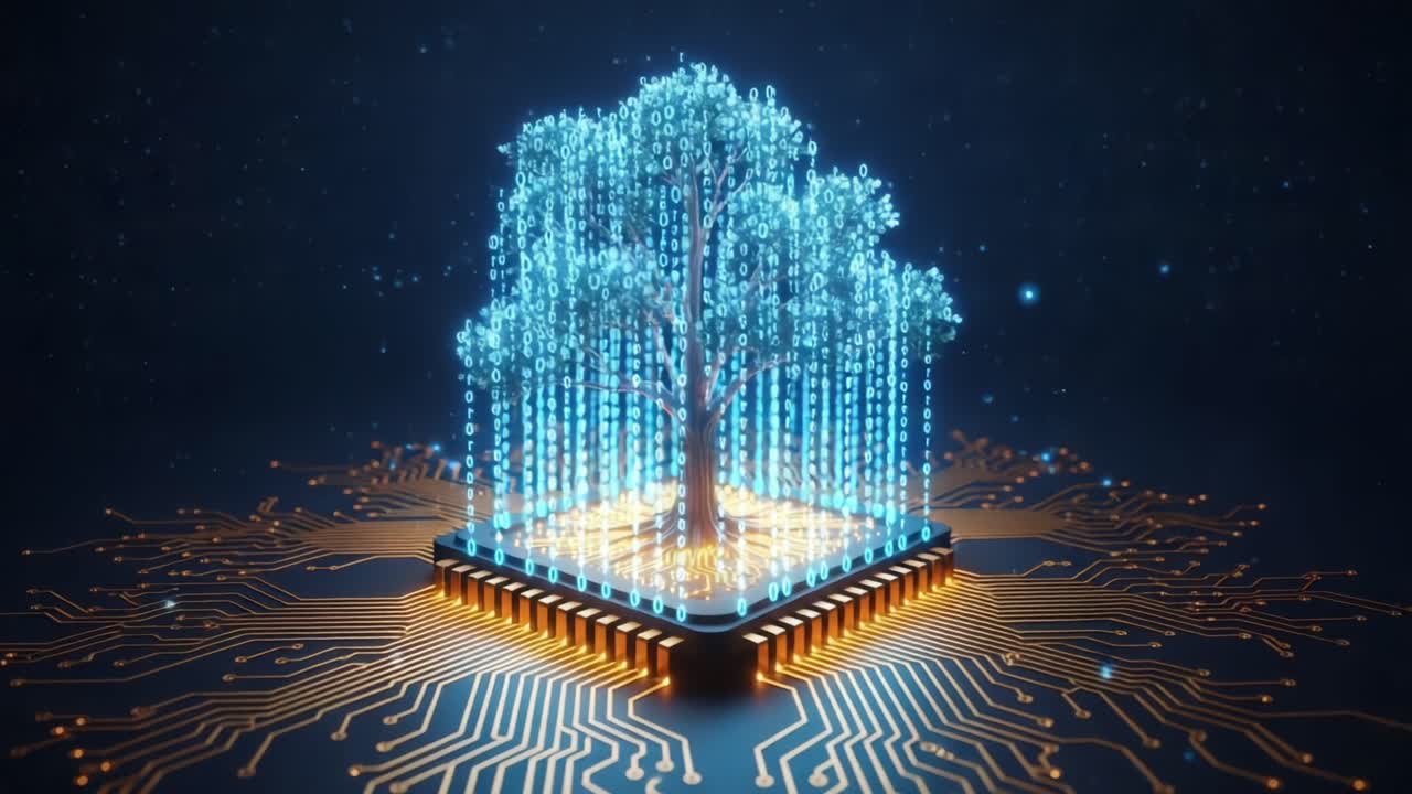 A Majestic Digital Tree Grows from a Microchip, Symbolizing the Intersection of Nature and Technology with Glowing Binary Leaves Illuminated Against a Night Sky