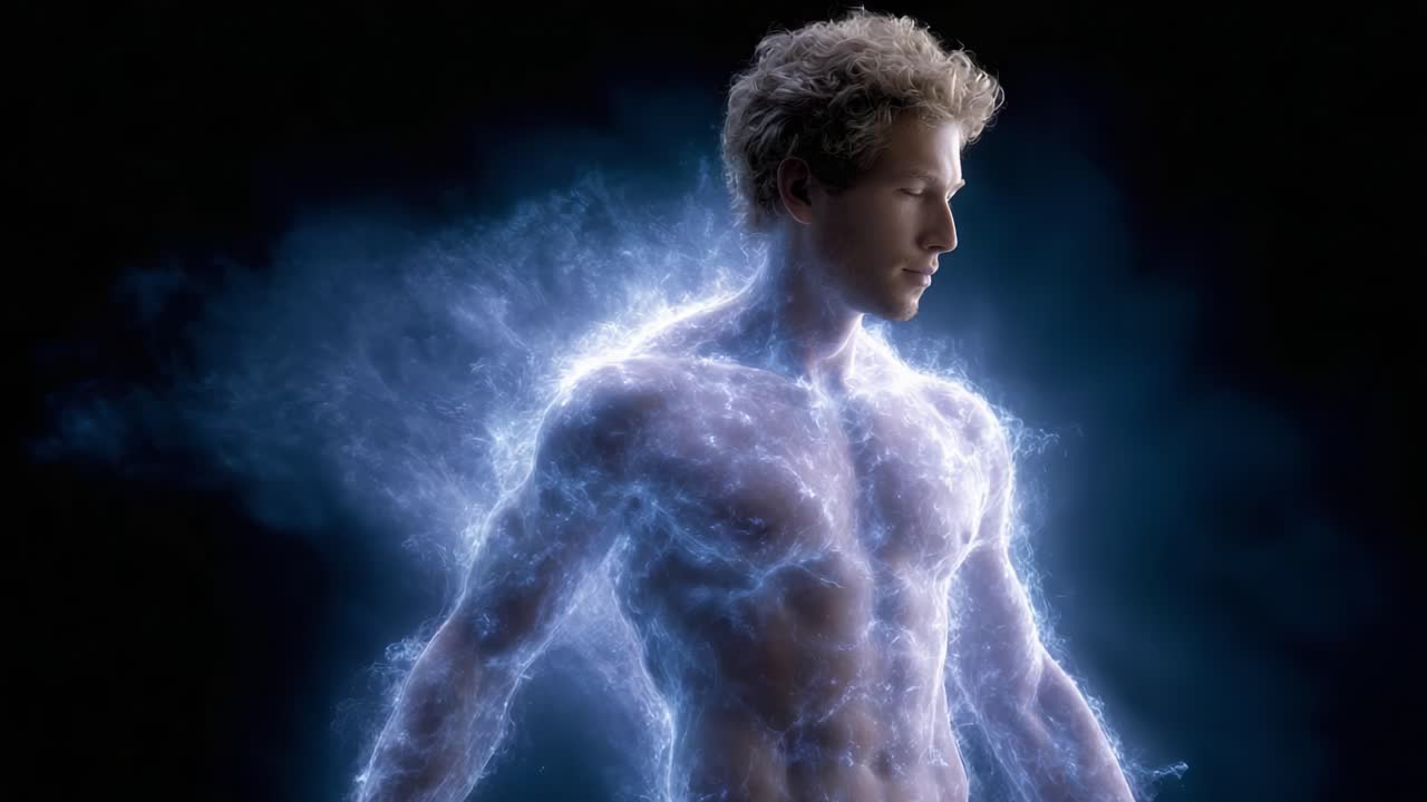 An ethereal figure emerges from a vibrant burst of light and energy, showcasing a fusion of strength and mystique in a captivating visual representation of power and vitality