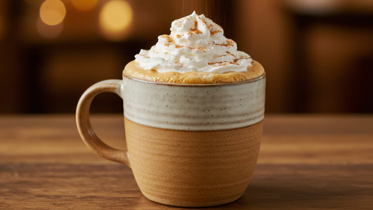 A warm coffee drink with whipped cream and cinnamon in a ceramic mug
