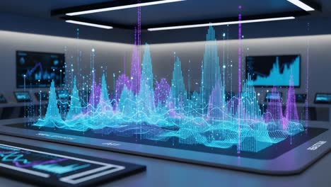 dynamic data visualization: an advanced analytical display showcasing vibrant graphs and data trends in a high-tech environment