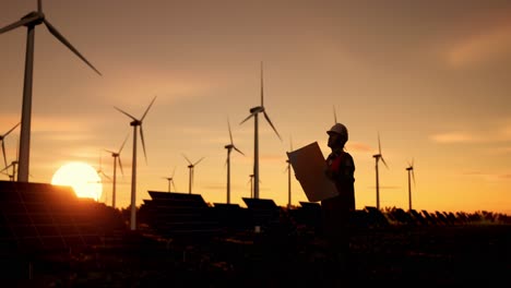 ingeniero revisando planes en una granja eólica y solar al atardecer