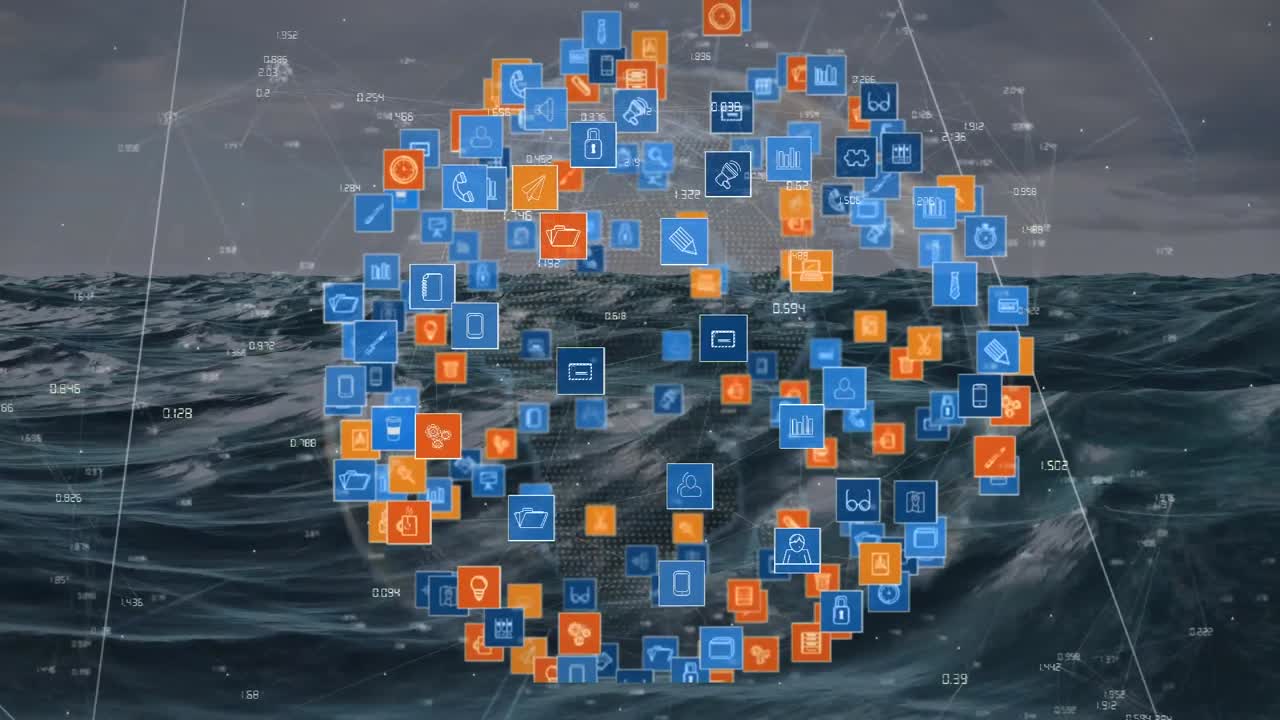 animación de la red de conexiones con iconos sobre el mar
