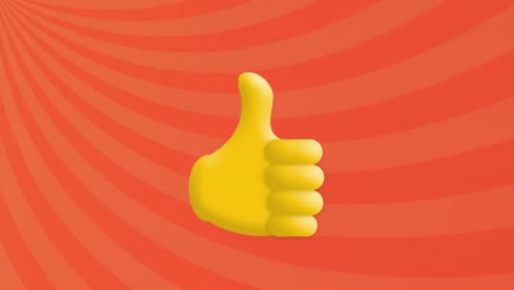 Animation-of-thumbs-up-icon-against-radial-rays-in-seamless-pattern-on-orange-background