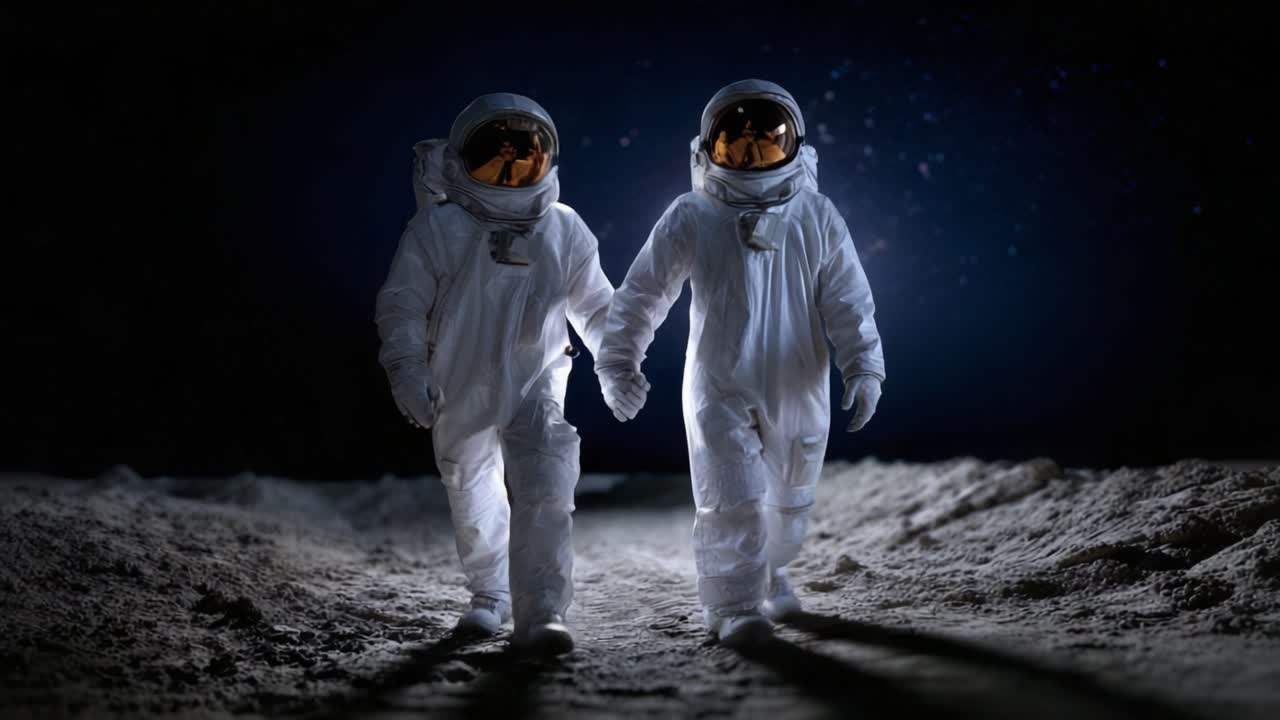 To astronauter går hånd i hånd over måneoverfladen, oplyst af et blødt lys i rummets mørke, symboliserende enhed og udforskning i kosmos