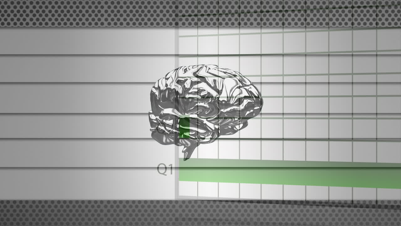 animación de gráficos, gráficos y cerebro giratorio sobre fondo gris