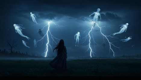 a dark fantasy scene: mysterious shadows and ethereal spirits amidst lightning strikes illuminating the night sky