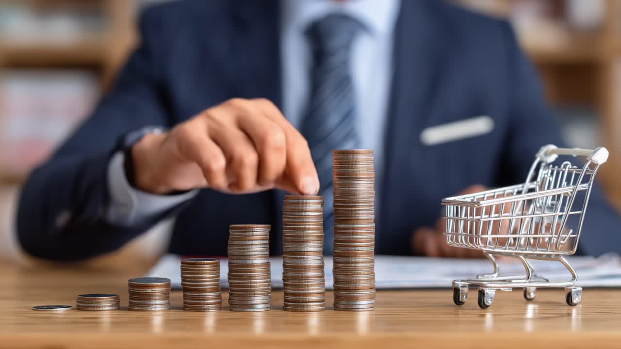 Un empresario analizando el crecimiento financiero, representado por monedas apiladas y un carrito de compras, simbolizando inversión y progreso económico