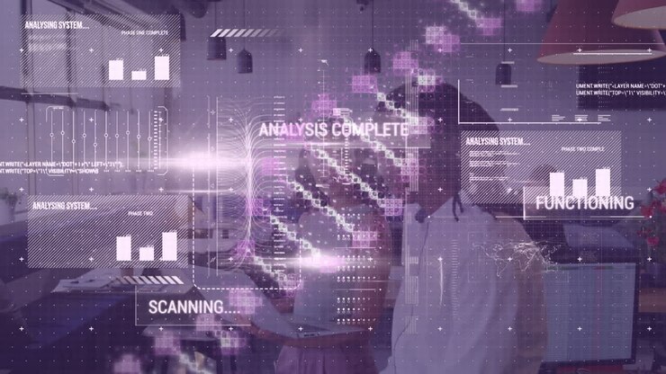 Animation of data processing and dna strand over diverse business people in office