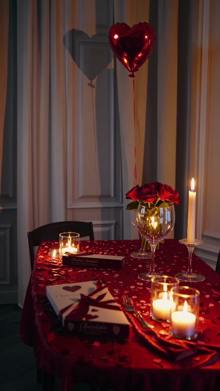 Romantic dinner setup with candles and roses on a red tablecloth. Shot from a side angle, perfect