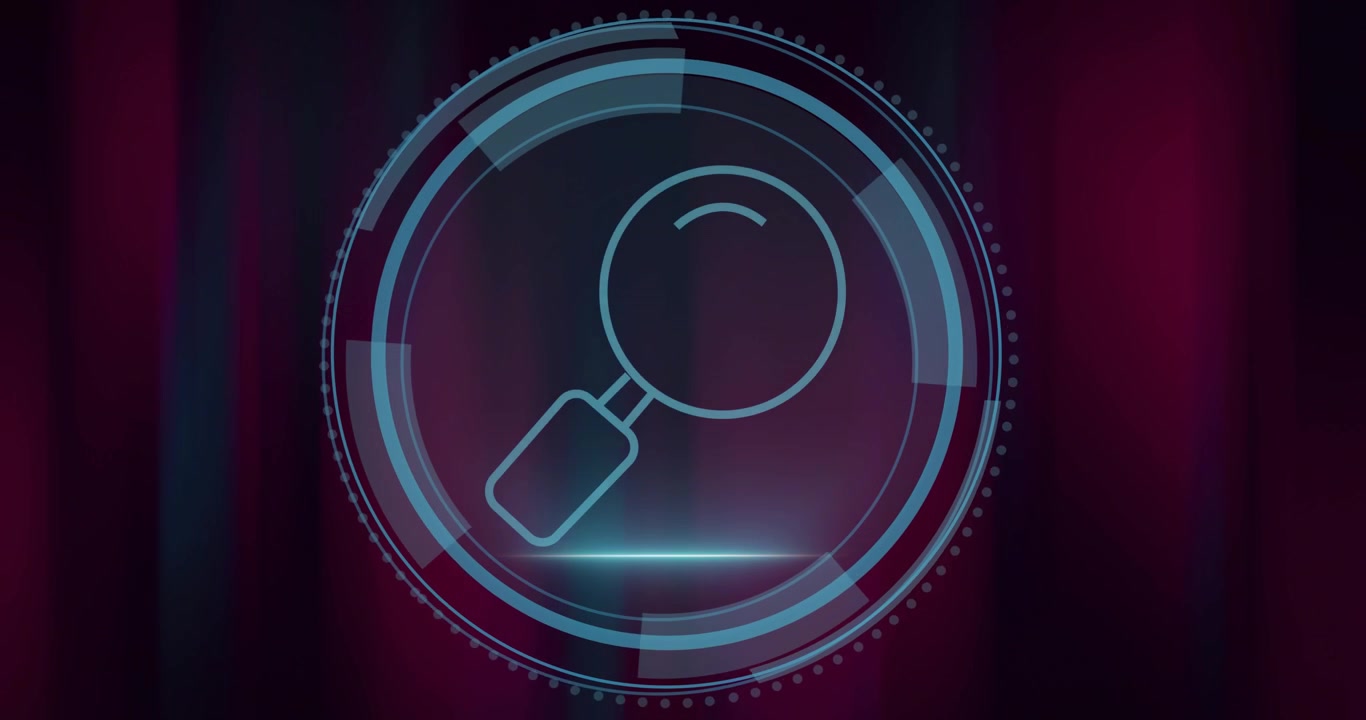 circular HUD graphic being animated above gradient backdrop, with magnifier rotating within rings