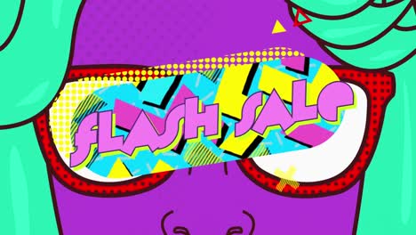 flash verkoop tekst op digitaal gezicht met een zonnebril tegen een gele achtergrond